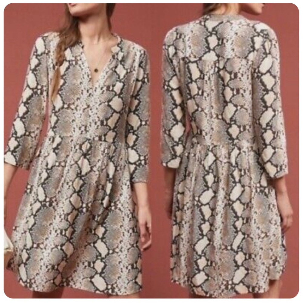 Anthropologie MAEVE Snake Skin Python Printed Juno A-Line V-Neck Dress